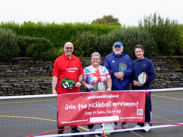 L R John Harris Elaine Shallcross Robby Orr International Federation of Pickleball Ambassador for the Isle of Man and Chris Reynolds Pickleball Englands Island Representative.